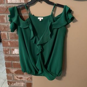 Charming Charlie Green Ruffle Cold Shoulder top